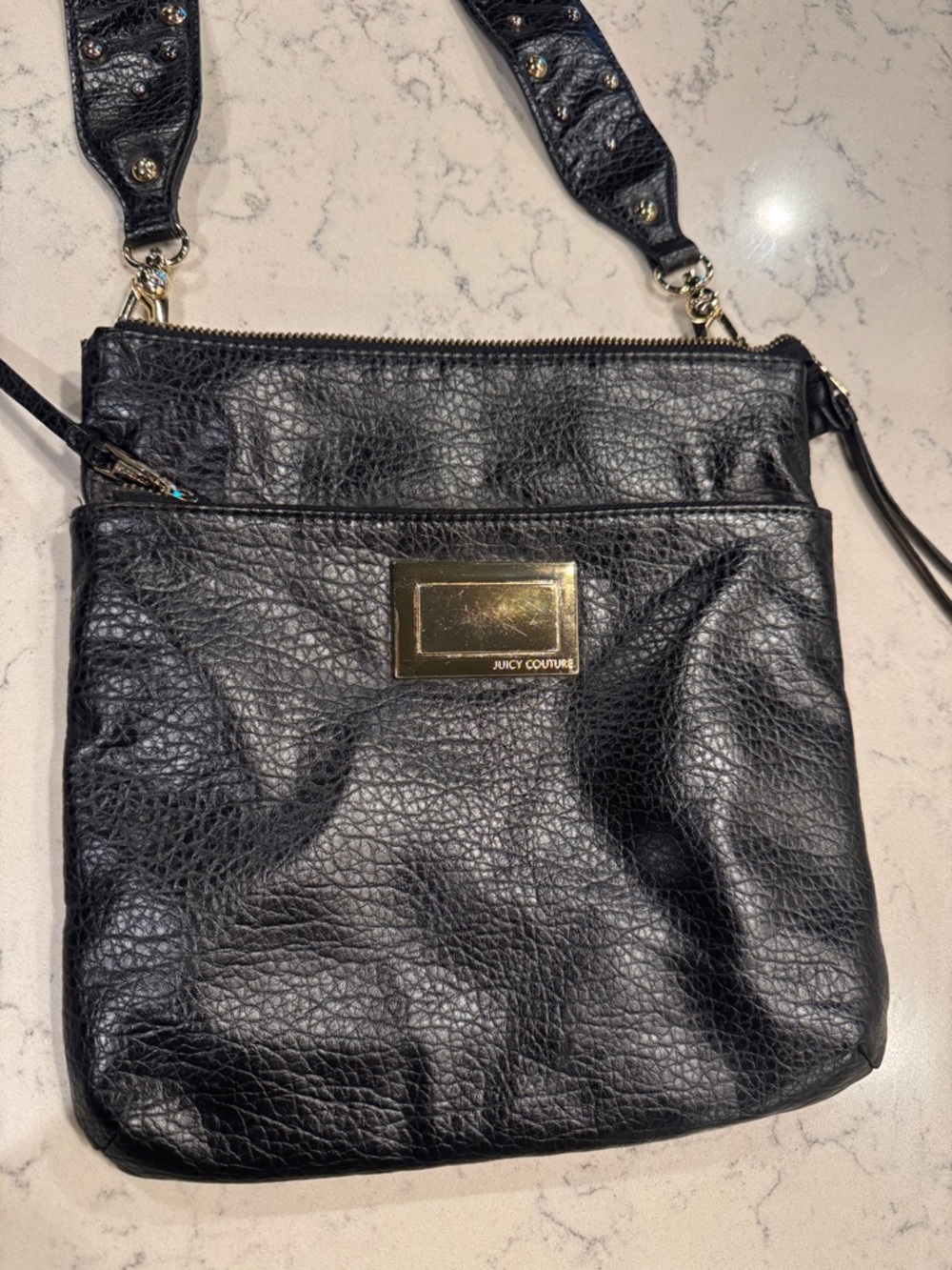 Juicy Couture Y2K Silver Studded Black Leather Crossbody Bag